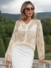 Lantern Sleeve Button Front Sheer Mesh Blouse Without Bra